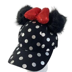 Disney Minnie Mouse Polka Dot Pom Pom Black Baseball Cap with red bow